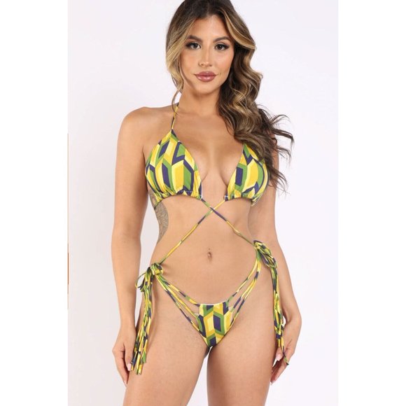 Women's Sexy Strappy Sunsuit Triangle Bikini Swimsuit Swimwear Printed - Picture 5 of 9